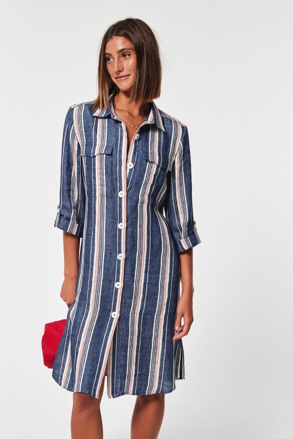STRIPED LINEN BELVAR DRESS